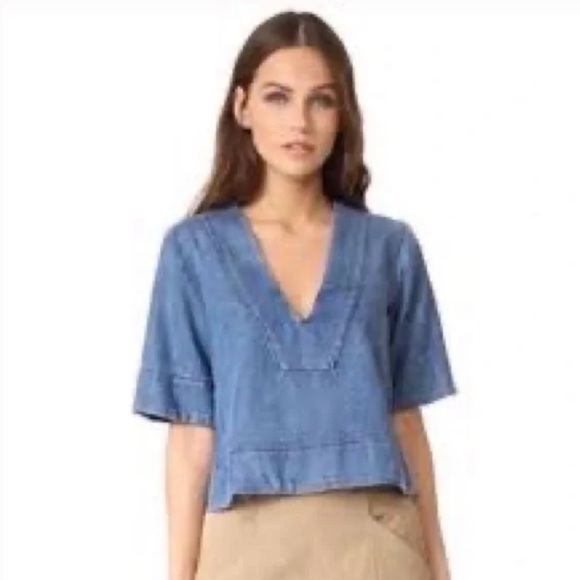 A.L.C. Cropped Chambray Deep V Neck Top Size 0 - Picture 6 of 6